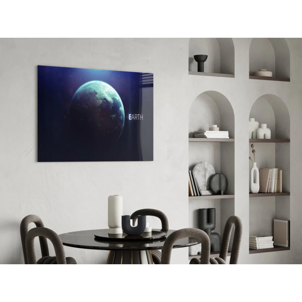 Sleek glass wall art of Earth in starry space view