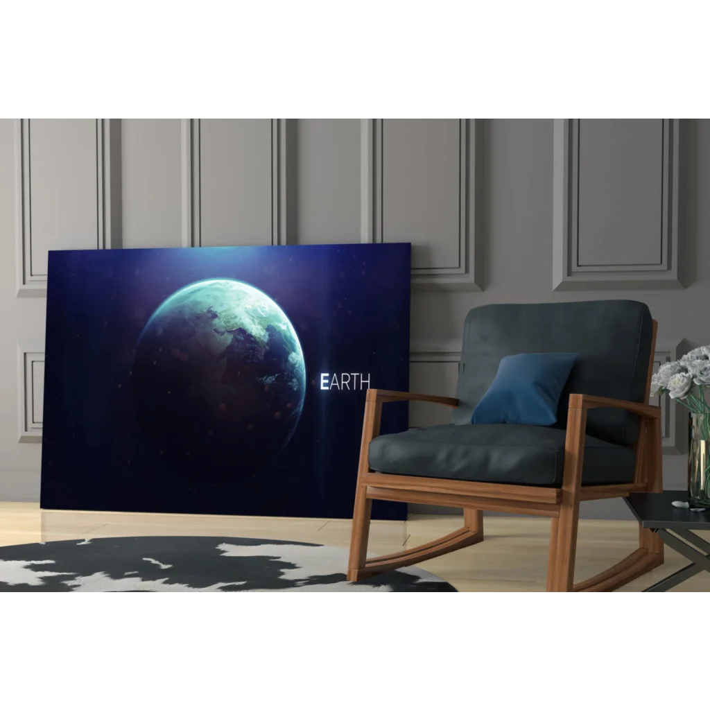 Sleek earth glass wall art with starry space view and subtle text