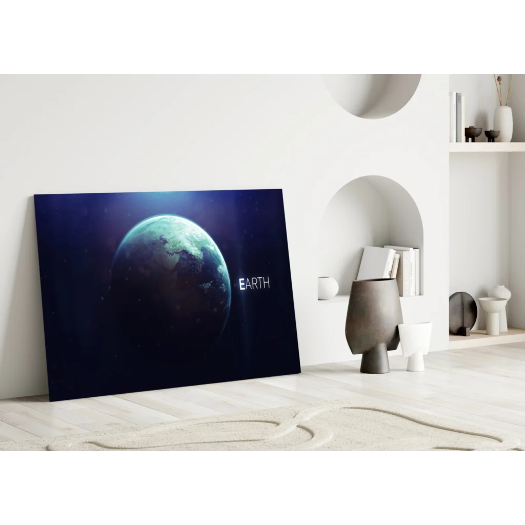 Sleek earth glass wall art canvas print with starry space view