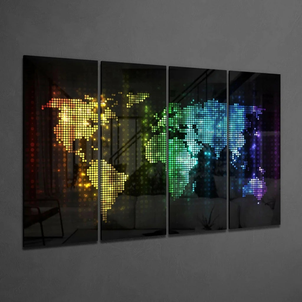 Glowing Rainbow Pixelated World Map Glass Wall Art Four Panel Set | Glass Wall Art Print | vintageantiquesgifts.com