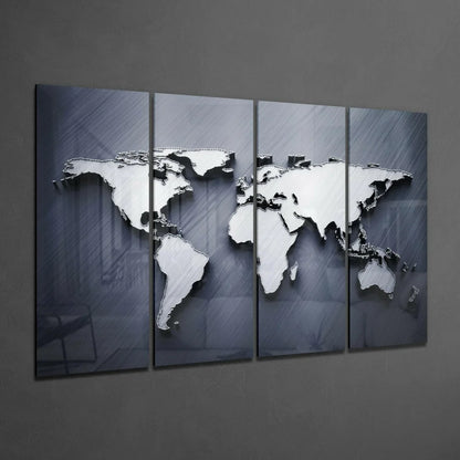 Stunning silver metallic world map wall art four panel set with brushed finish