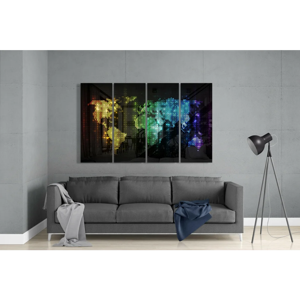 Glowing Rainbow Pixelated World Map Glass Wall Art Four Panel Set | Modern Wall Art Decor | vintageantiquesgifts.com