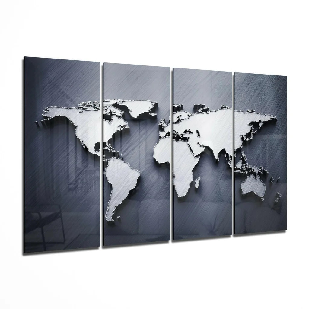Stunning silver metallic world map wall art, four panel set