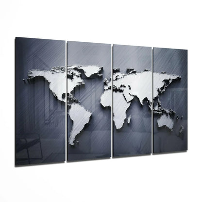 Stunning silver metallic world map wall art, four panel set