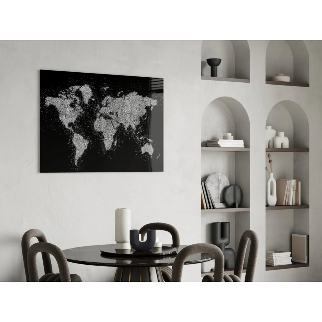 Stunning black glass wall art with sparkling textured world map