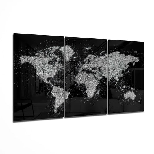 Sparkling Black Silver World Map Glass Wall Art Triptych | Insigneart USA | vintageantiquesgifts.com