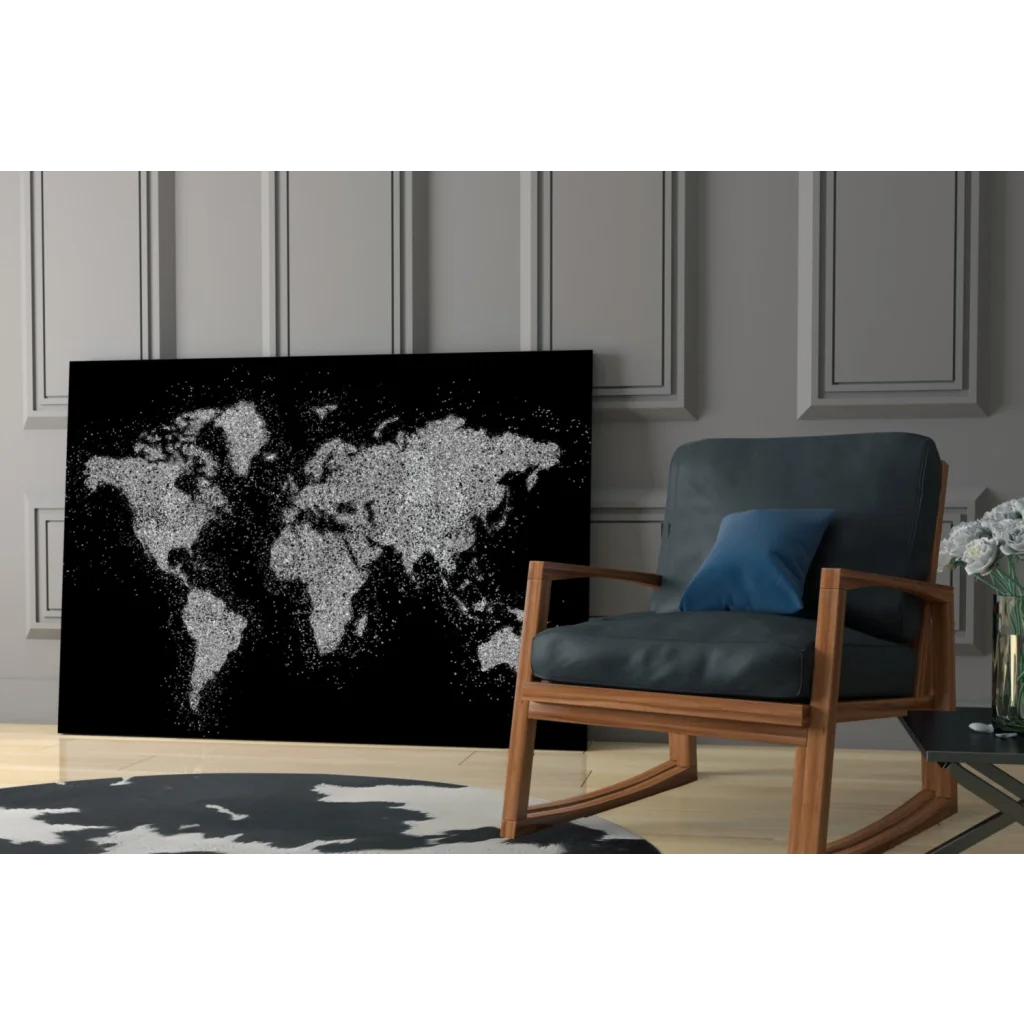 Stunning black canvas world map glass wall art with silver glitter texture