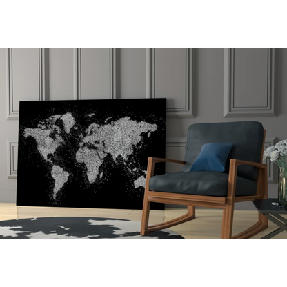Stunning black canvas world map glass wall art with silver glitter texture