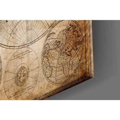 Vintage world map canvas wall art with aged parchment design