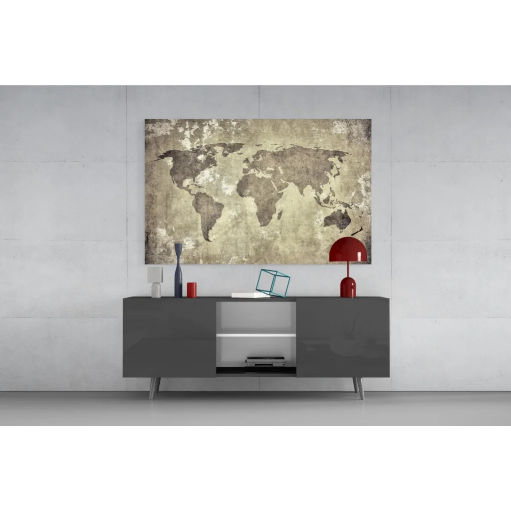 Vintage textured beige brown world map canvas wall art above gray table