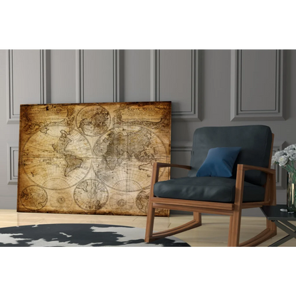 Vintage world map canvas wall art with aged parchment design