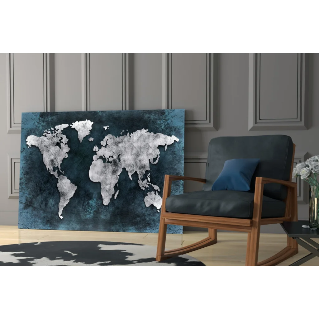 Stunning teal silver world map canvas wall art with watercolor texture