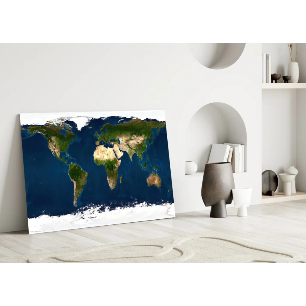 Stunning world map canvas wall art on white wall