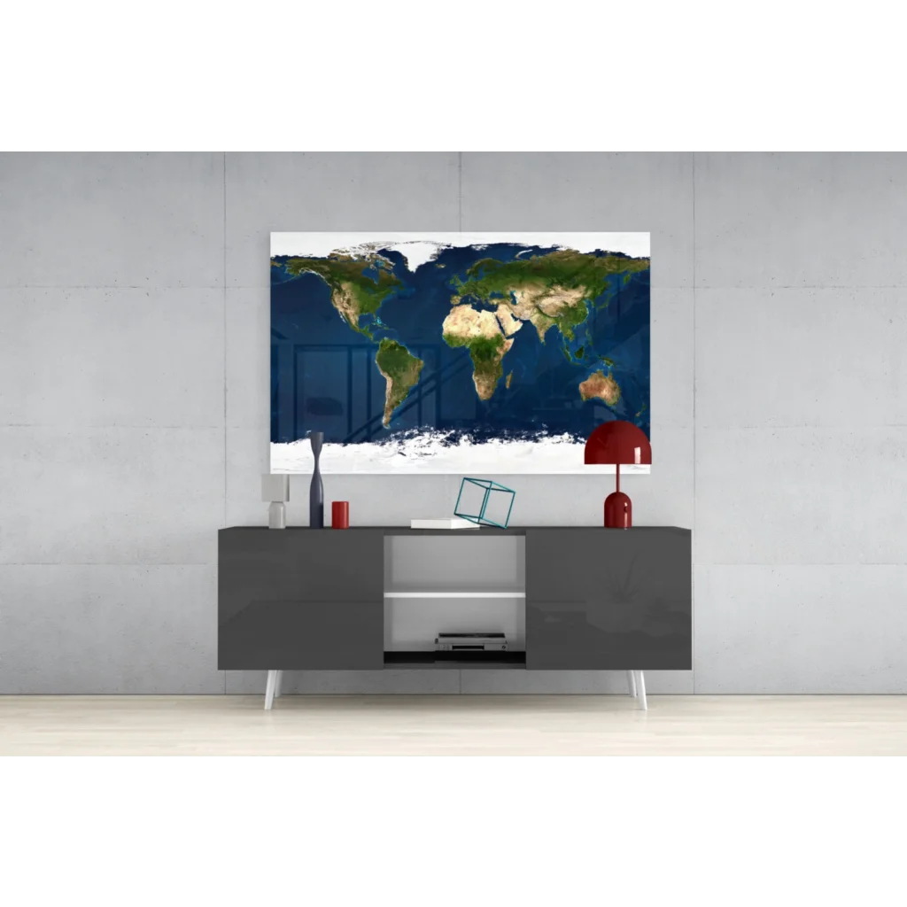 Stunning modern world map canvas wall art in green and blue tones