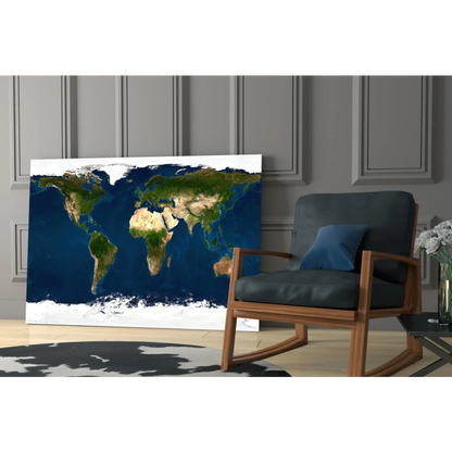 Modern deep blue world map canvas wall art with green lands