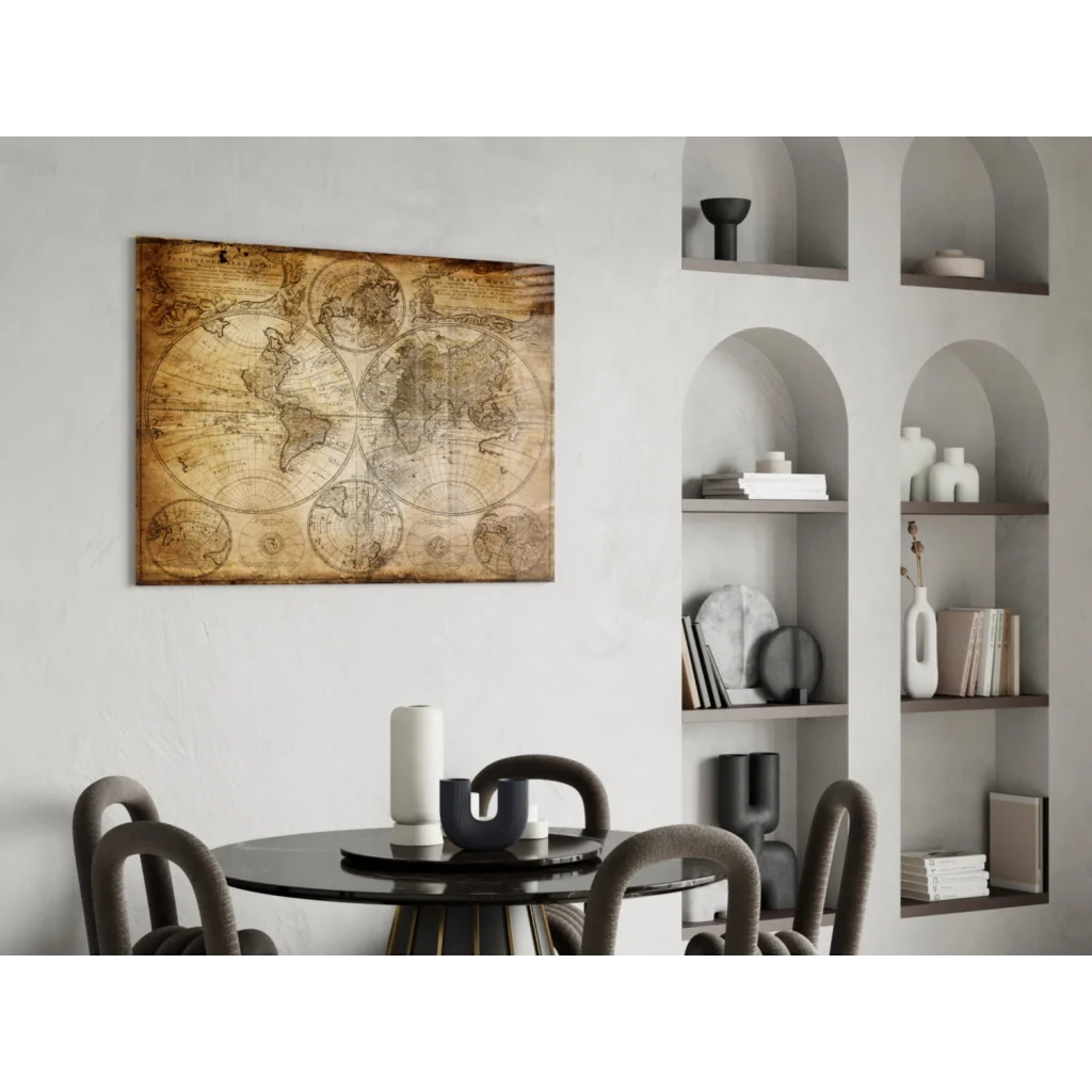 Vintage world map canvas wall art with aged parchment design