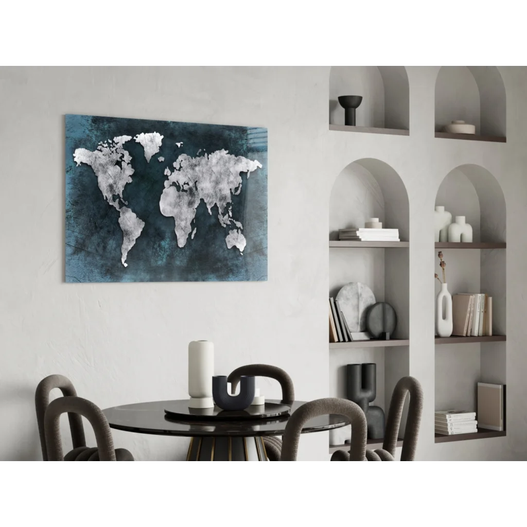 Stunning teal silver world map canvas wall art with textured dark background
