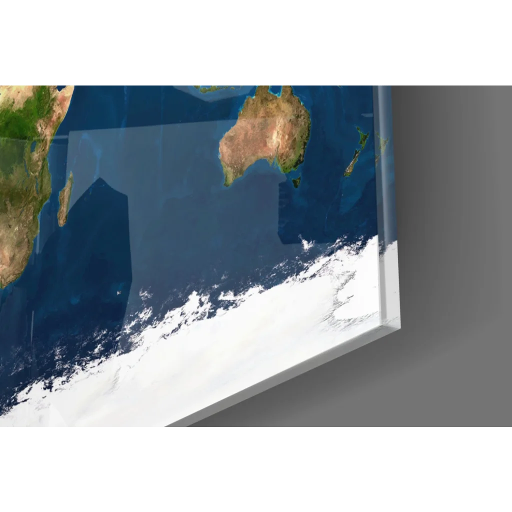 Sleek glossy glass wall art of world map in earthy tones