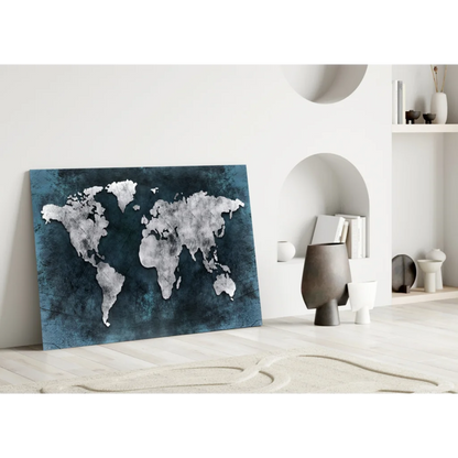 Stunning Teal Silver World Map Wall Art Canvas | Modern Wall Art Decor | vintageantiquesgifts.com