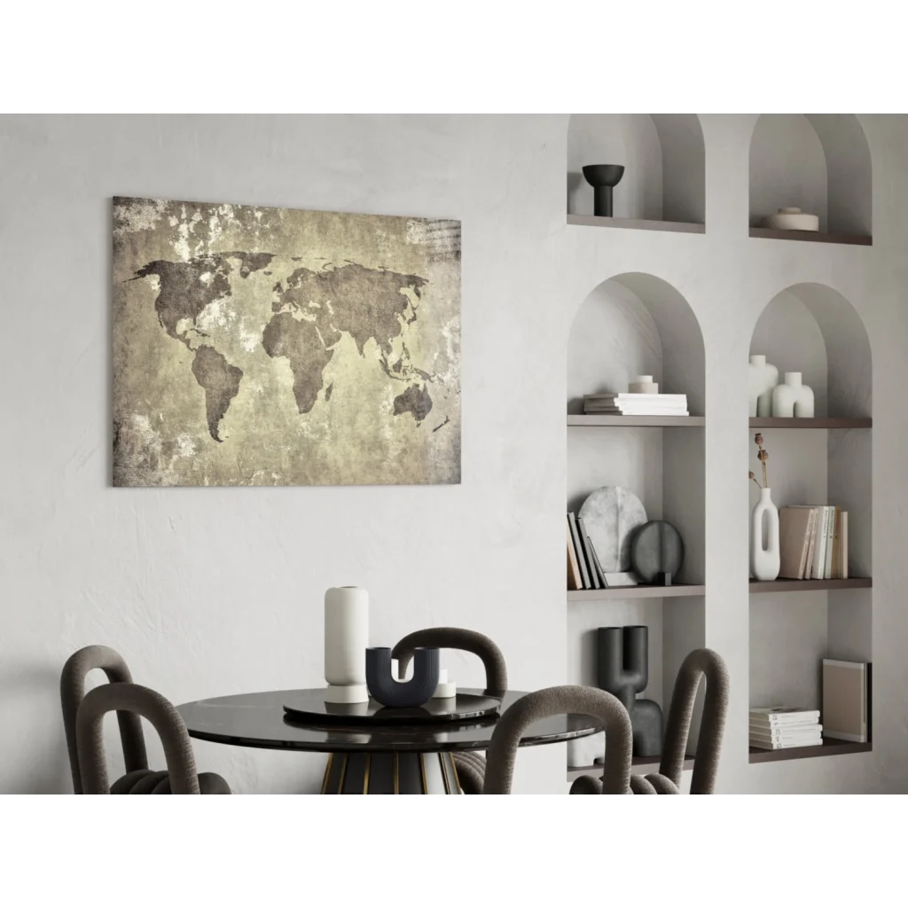 Vintage world map canvas wall art with distressed sepia finish