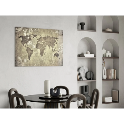 Vintage world map canvas wall art with distressed sepia finish