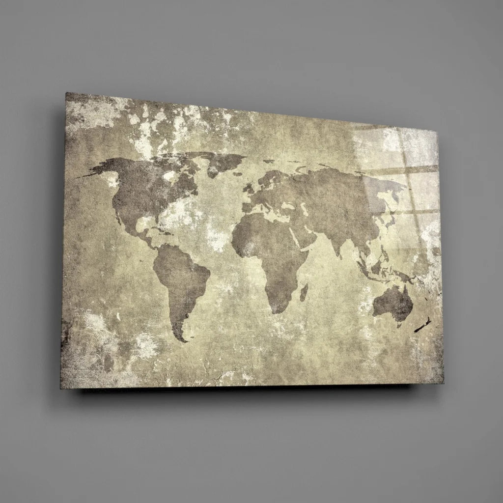 Vintage World Map Canvas Wall Art with Distressed Finish | Glass Wall Art Print | vintageantiquesgifts.com