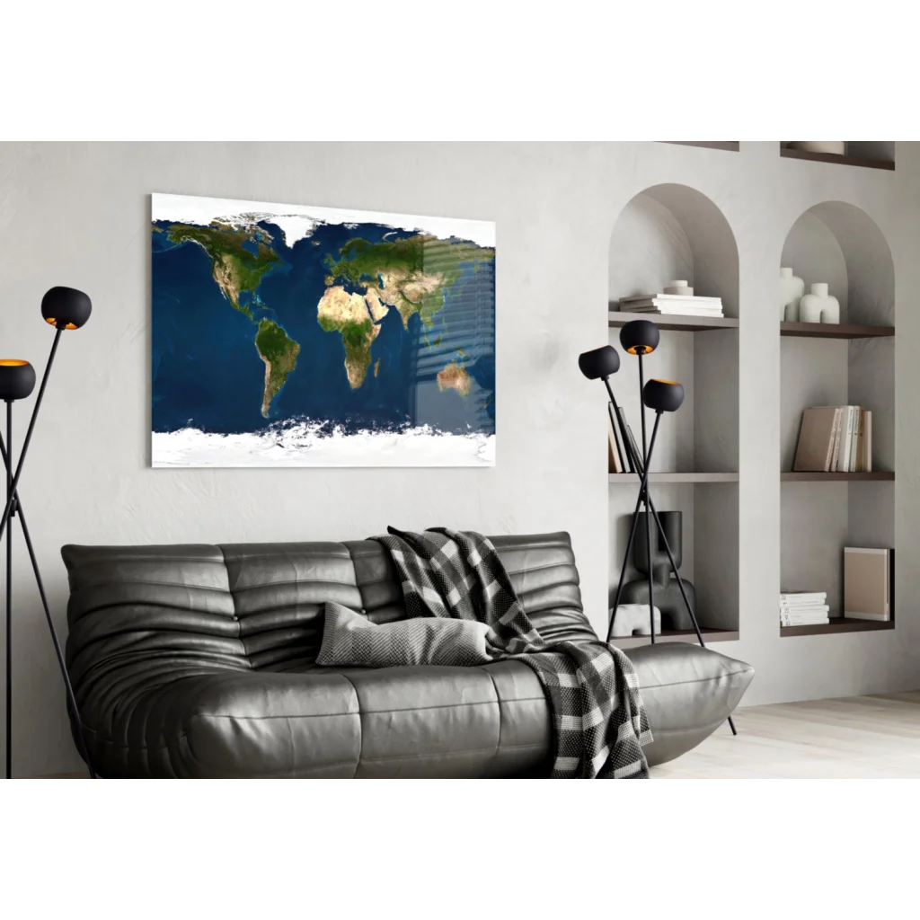 Stunning modern world map wall art canvas with blue ocean and green lands