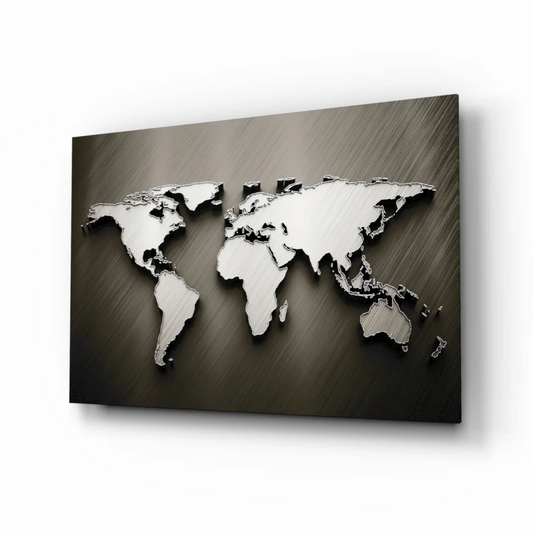 3D Silver Metallic World Map Wall Art with Brushed Steel Finish | Insigneart USA | vintageantiquesgifts.com