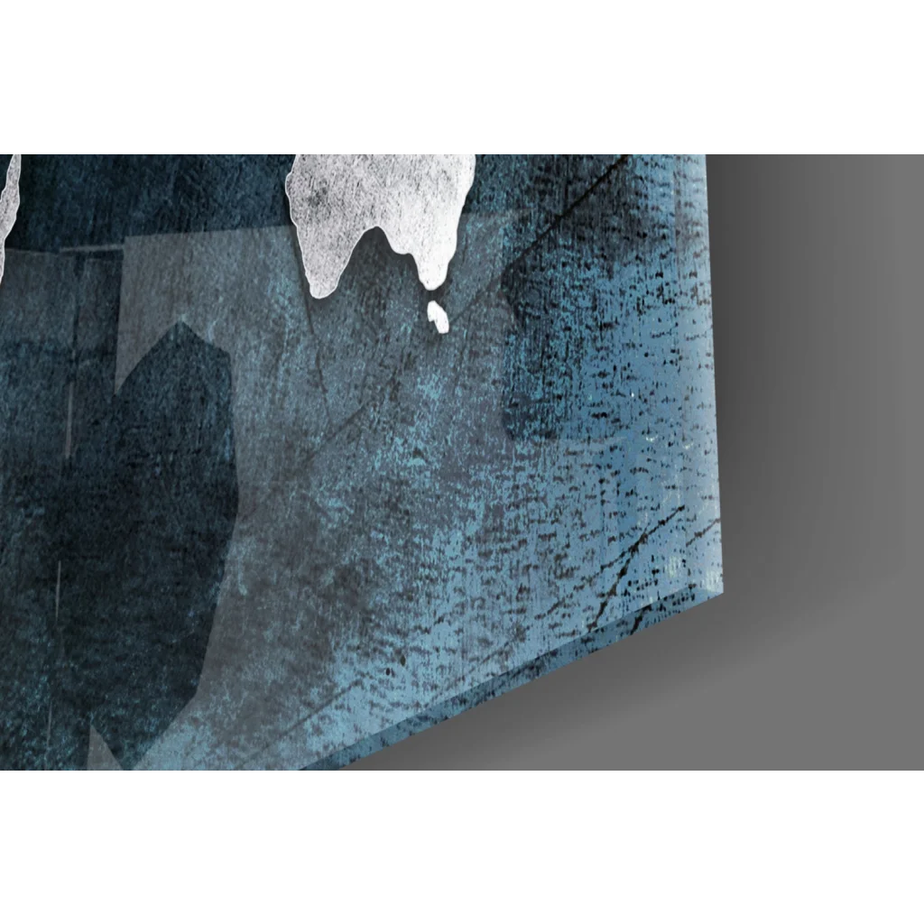 Abstract blue gray textured canvas with white drips in teal silver world map wall art