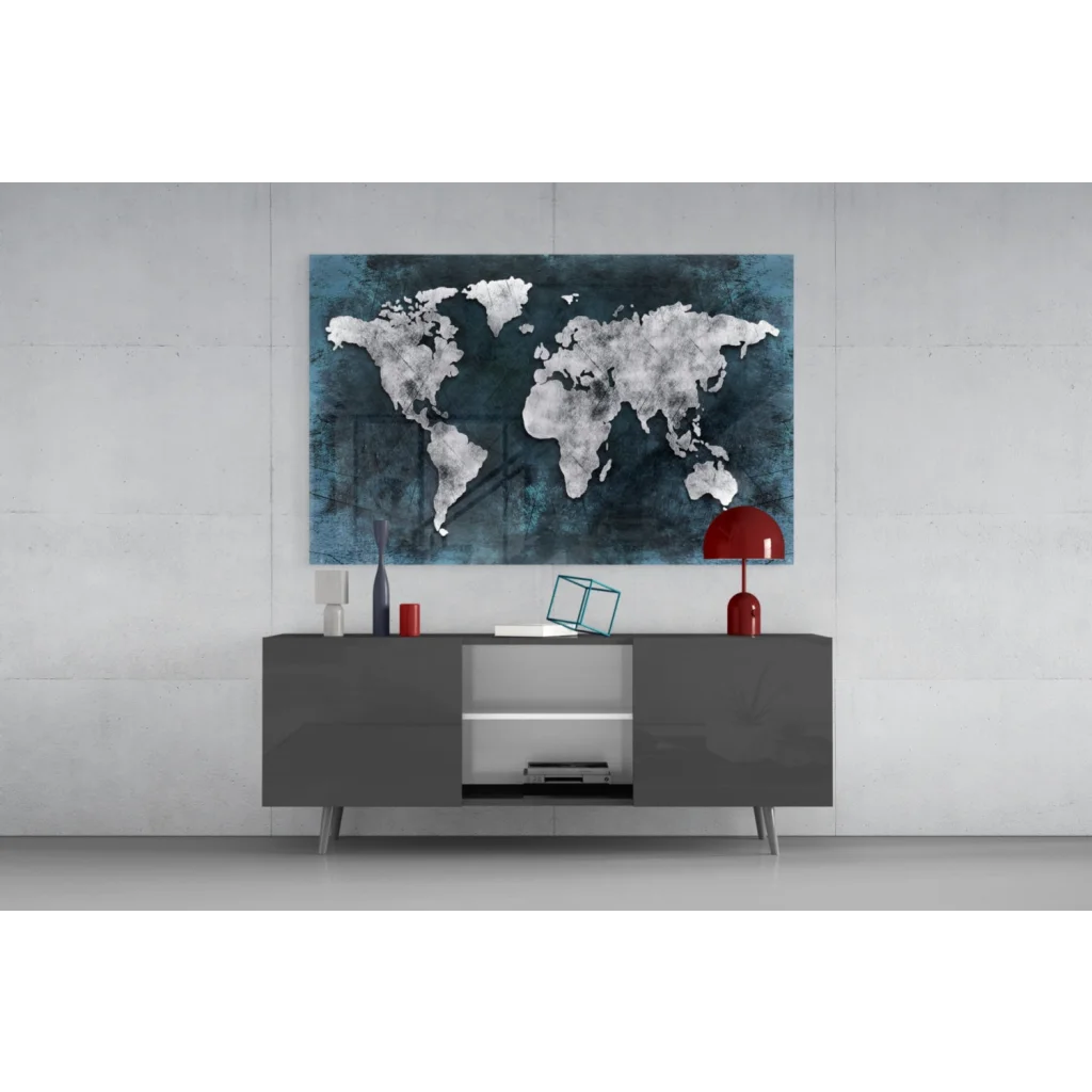 Modern teal silver world map wall art canvas on gray console