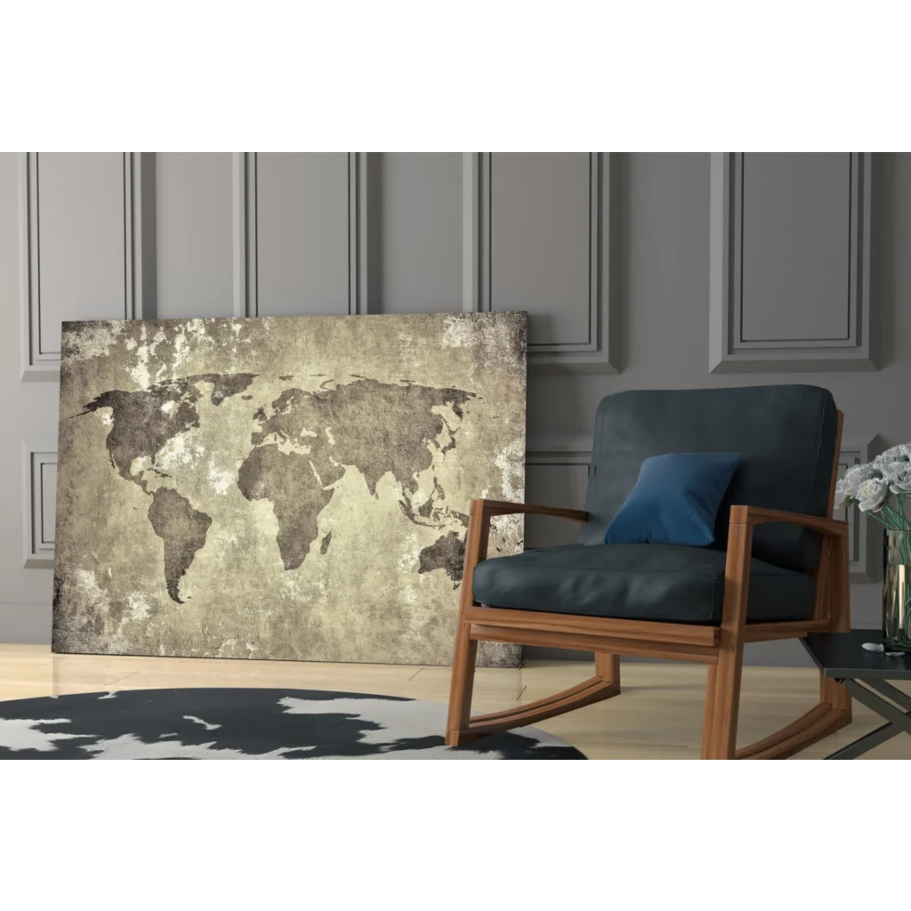Rustic distressed world map canvas wall art in beige gray tones