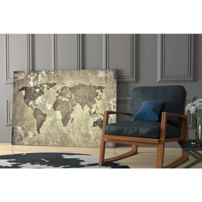 Rustic distressed world map canvas wall art in beige gray tones