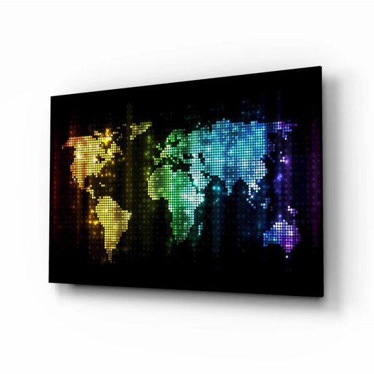Rainbow Pixelated World Map Glass Wall Art | Insigneart USA | vintageantiquesgifts.com