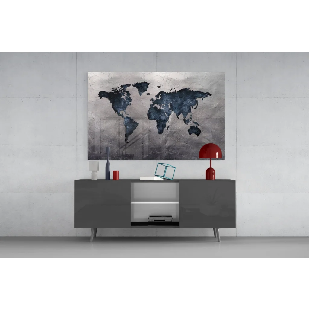 Gray console table with glass wall art canvas display