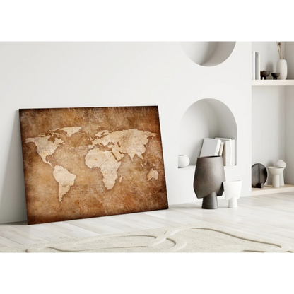 Vintage sepia world map wall art canvas with distressed finish