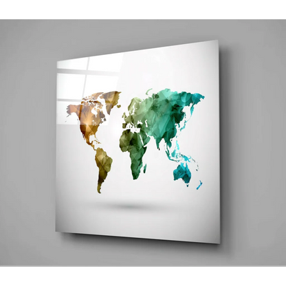 Modern geometric world map glass wall art in teal and gold hues