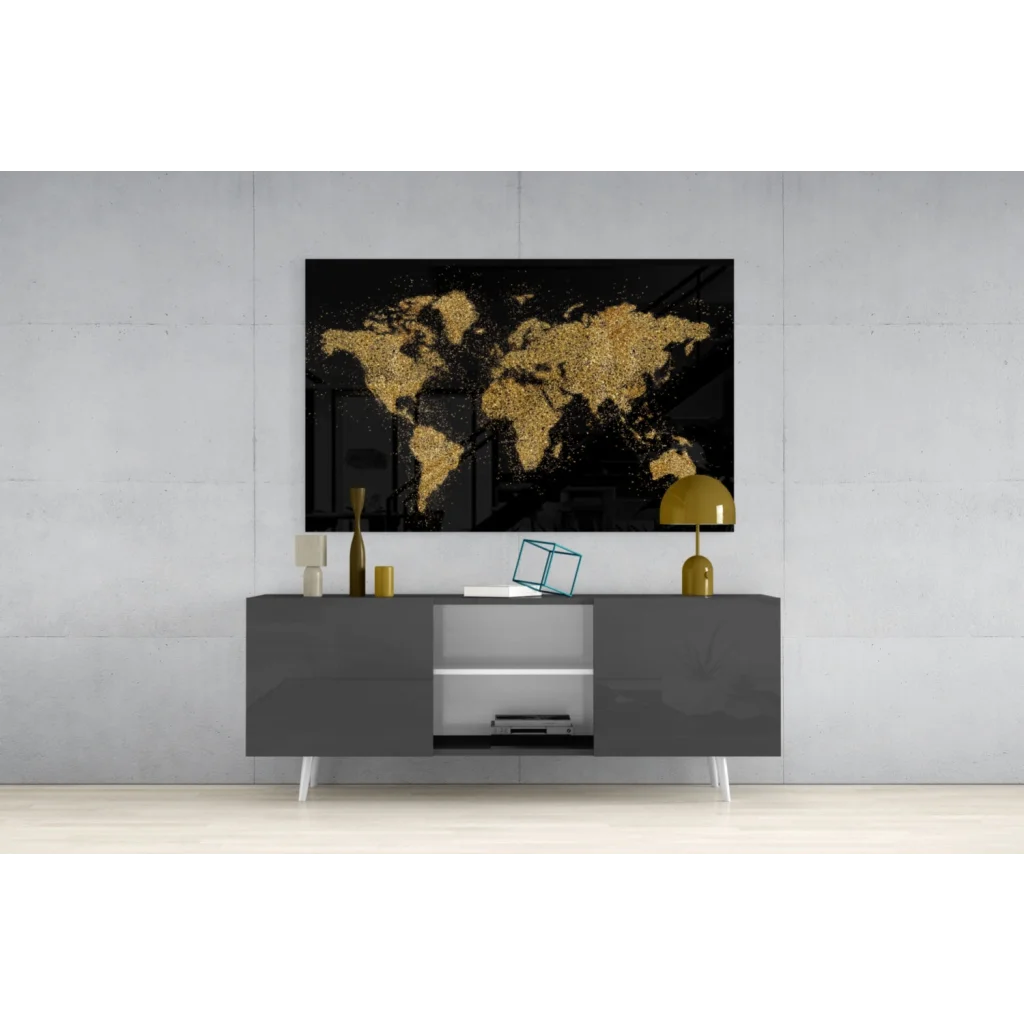 Stunning black and gold glitter world map wall art on canvas