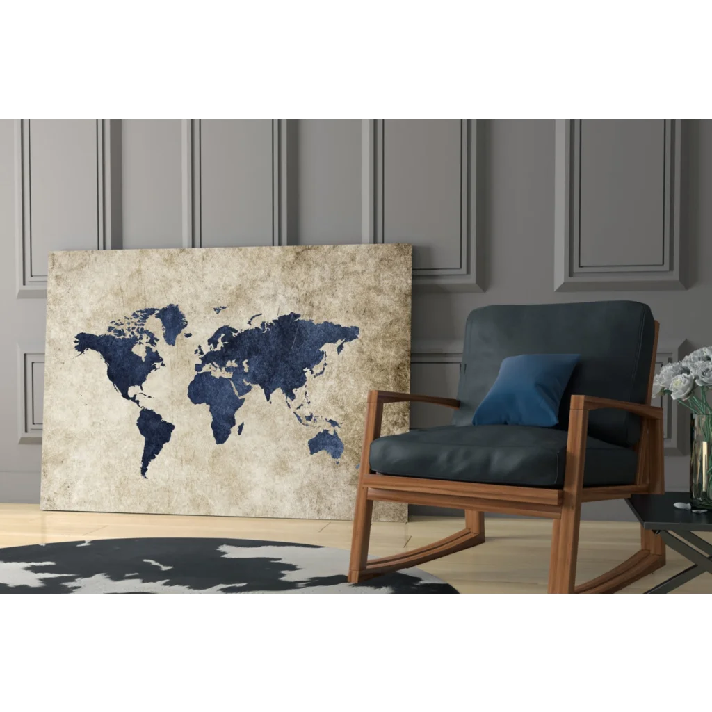 Vintage navy blue world map canvas wall art in beige and distressed finish