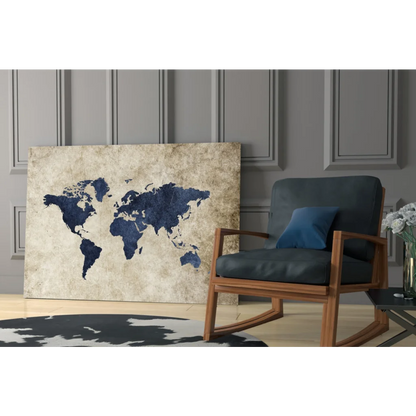 Vintage navy blue world map canvas wall art in beige and distressed finish