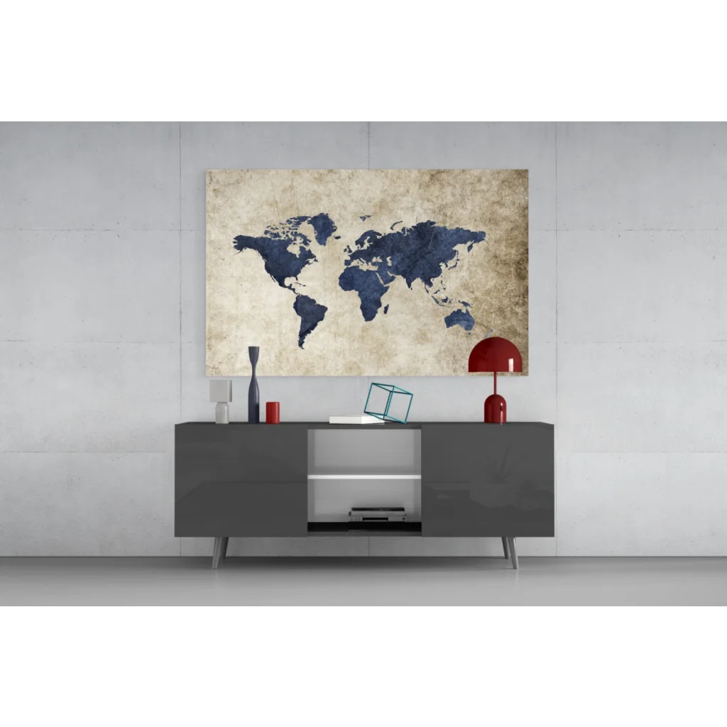 Vintage navy blue world map canvas wall art with beige textured finish