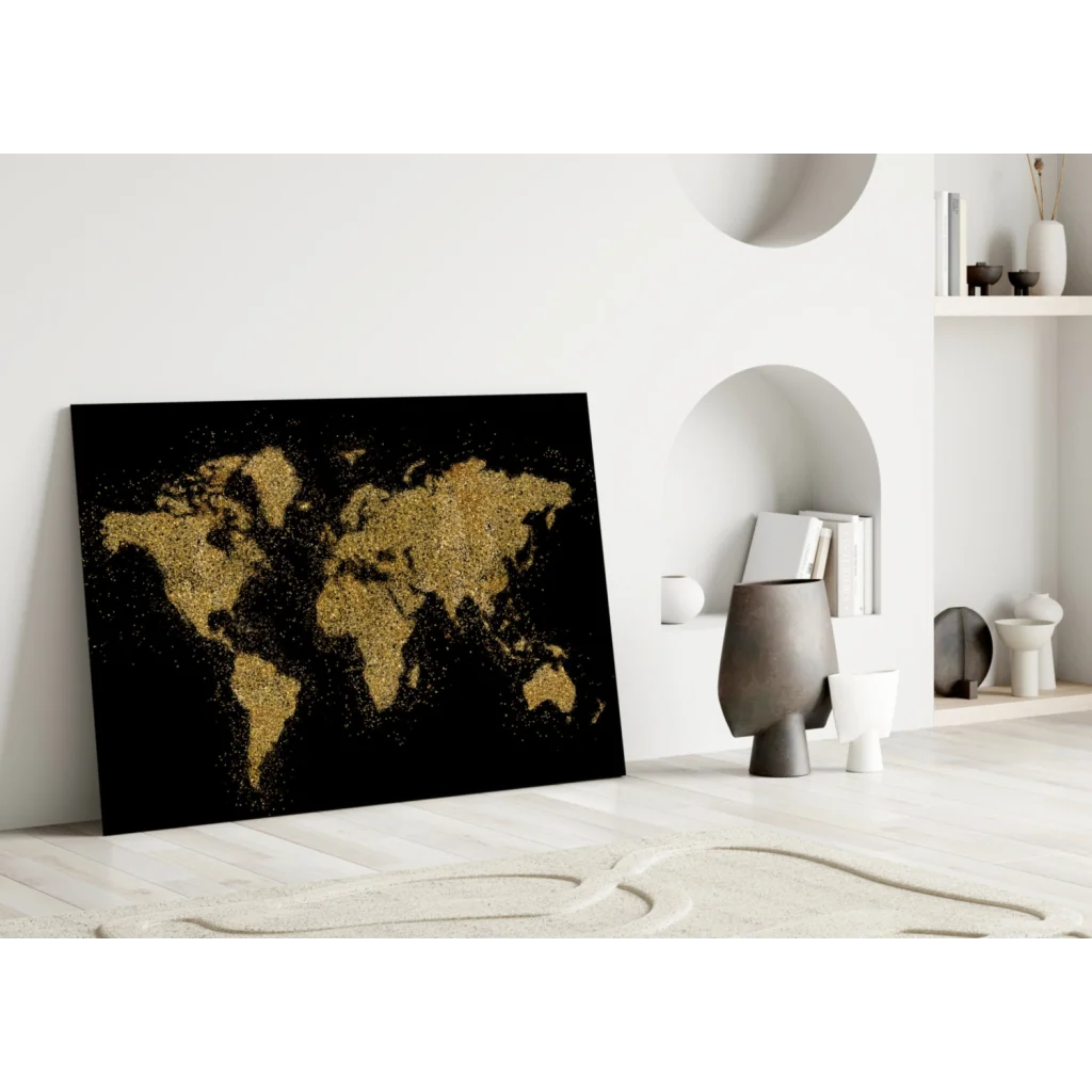 Stunning gold glitter world map wall art on black canvas