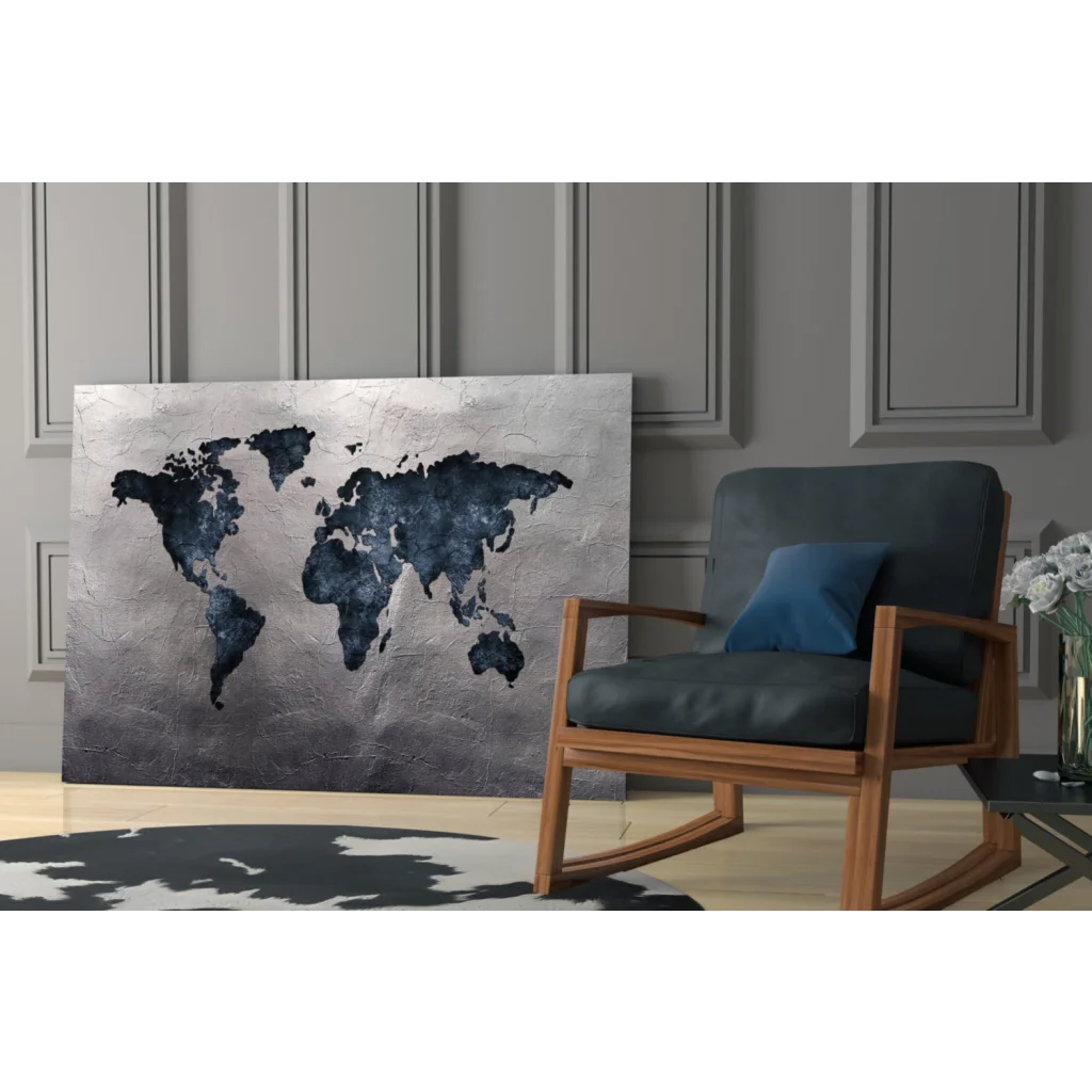 Distressed world map glass wall art canvas with textured gray background