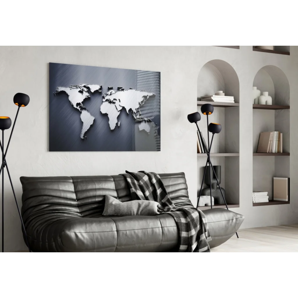 Stunning Silver 3D World Map Glass Wall Art | Contemporary Home Wall Art | vintageantiquesgifts.com