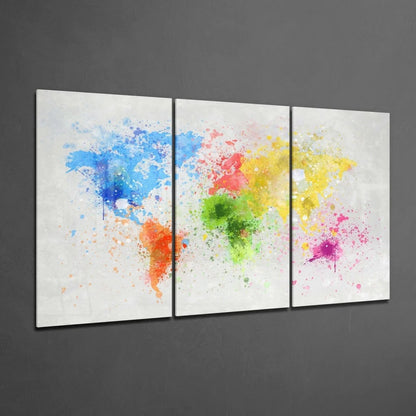 Vibrant explosive color splash world map wall art on three panels