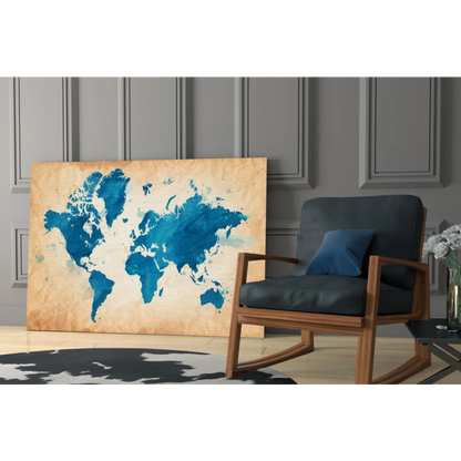 Vintage blue watercolor world map canvas wall art on textured beige background
