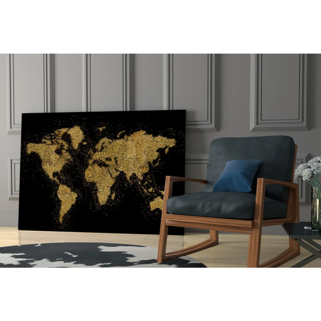 Stunning gold glitter world map wall art on black canvas