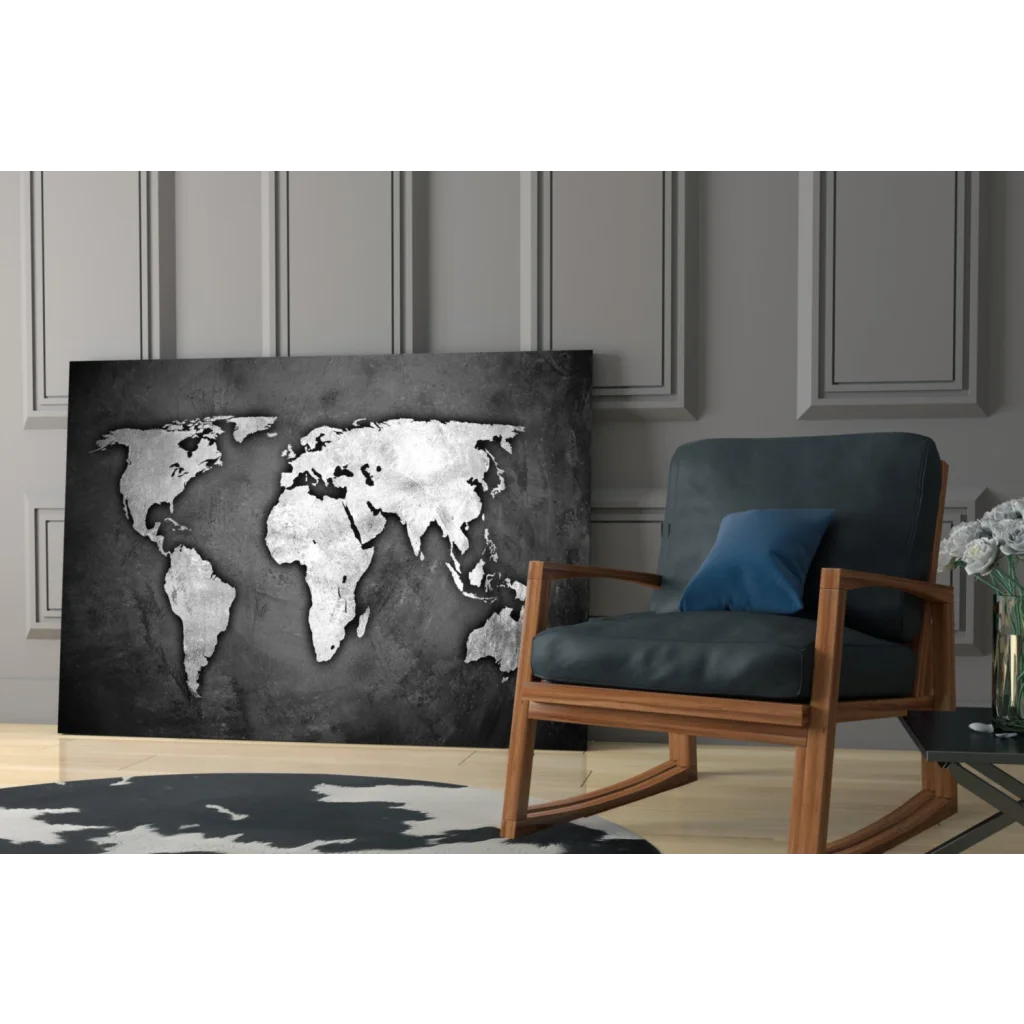 Sleek metallic silver world map wall art with distressed finish
