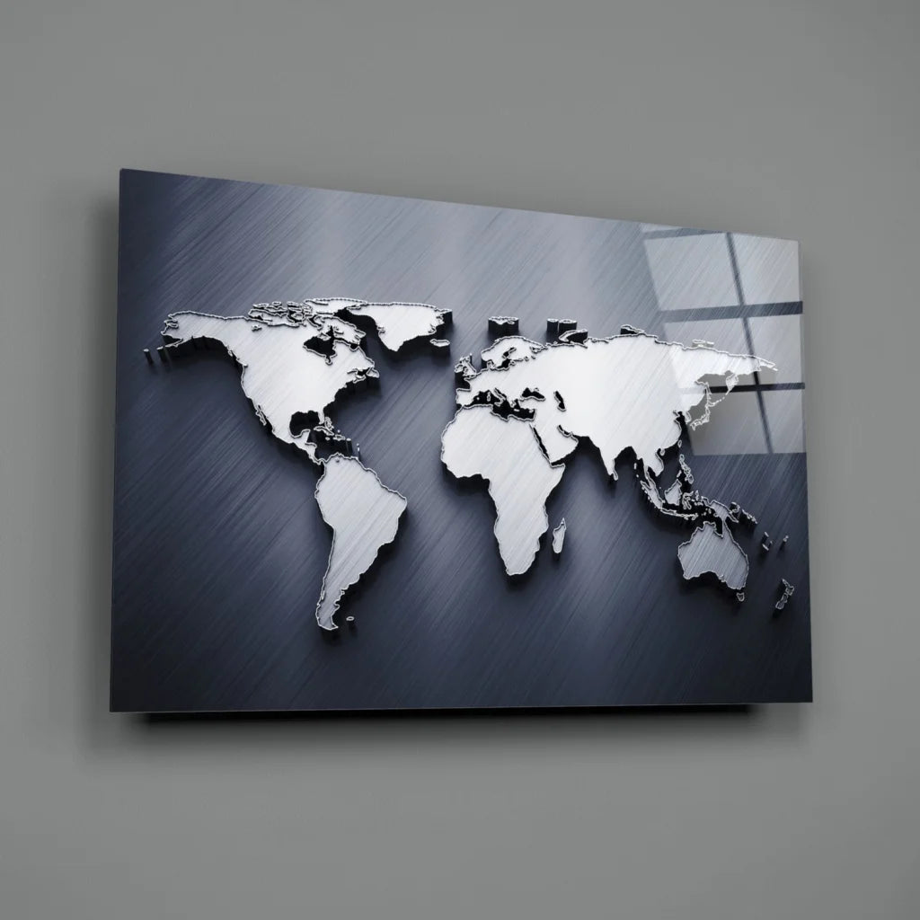 Stunning Silver 3D World Map Glass Wall Art | Glass Wall Art Print | vintageantiquesgifts.com