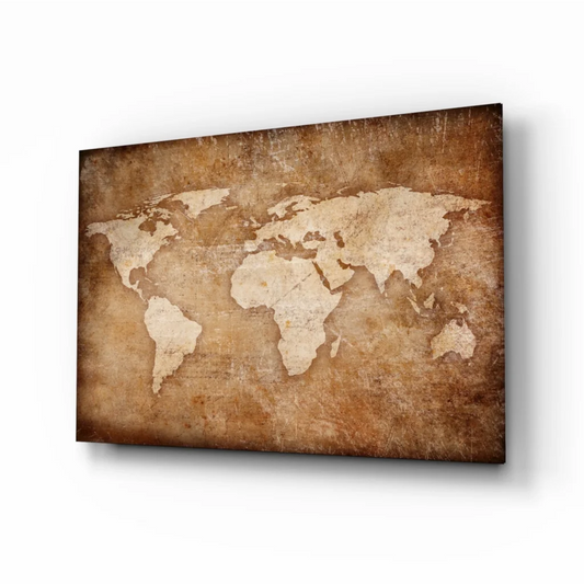 Vintage sepia world map wall art canvas with distressed finish