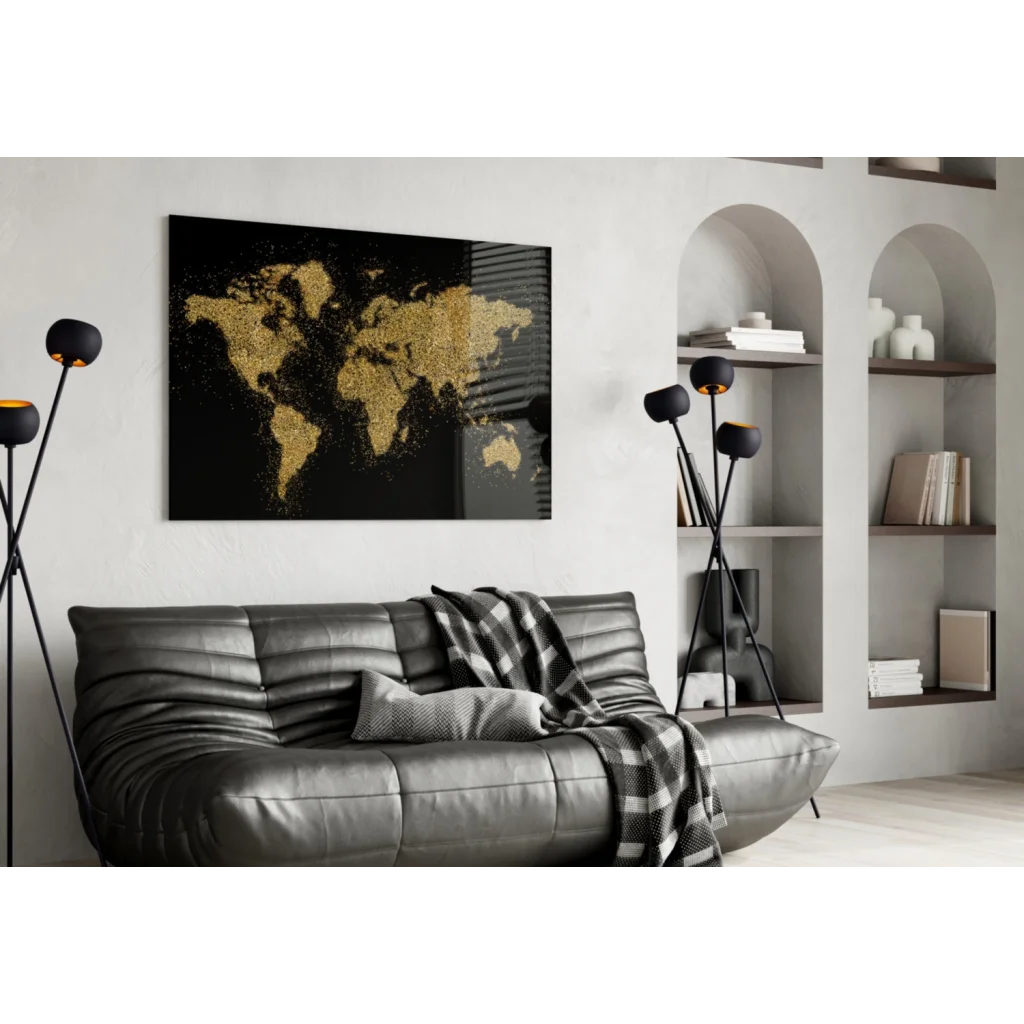 Black canvas wall art with gold glitter world map